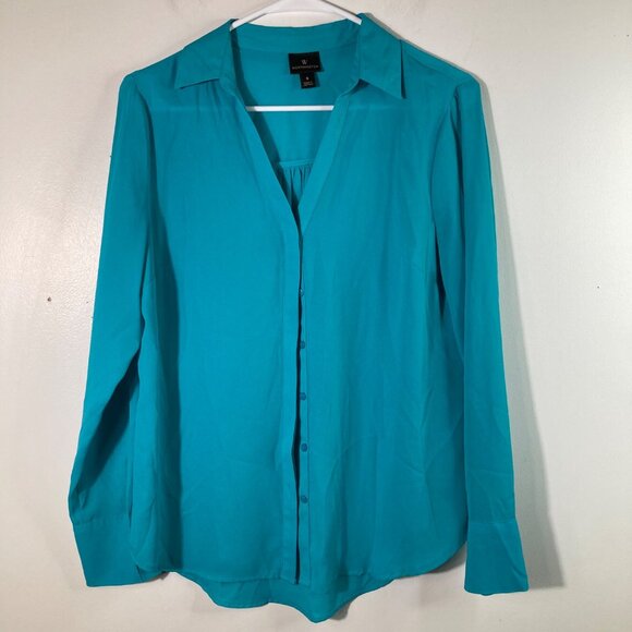 Worthington V Neck Button Shirt Turquoise S Polyester Hidden Button Placket - Picture 1 of 9